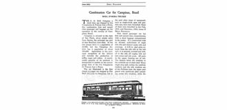 Primeira página de um artigo publicado em junho de 1921 na revista Brill sobre o Bondão de Ramal Férreo Campineiro. Clique aqui para o próximo. Esta cópia é cortesia de Allen Morrison, de Nova York, EUA