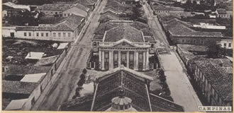 Teatro São Carlos visto da Catedral, ao fundo a Estação da Cia Paulista de Estradas de Ferro, Frisch Kowalsky - 1890. Acervo CMU